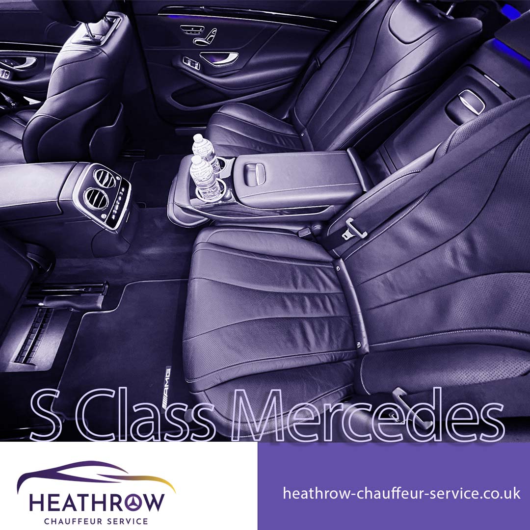 Mercedes S Class at Heathrow Airport awaiting for passengers. Hire chauffeurs by calling ☎️020 3633 4613☎️ today!