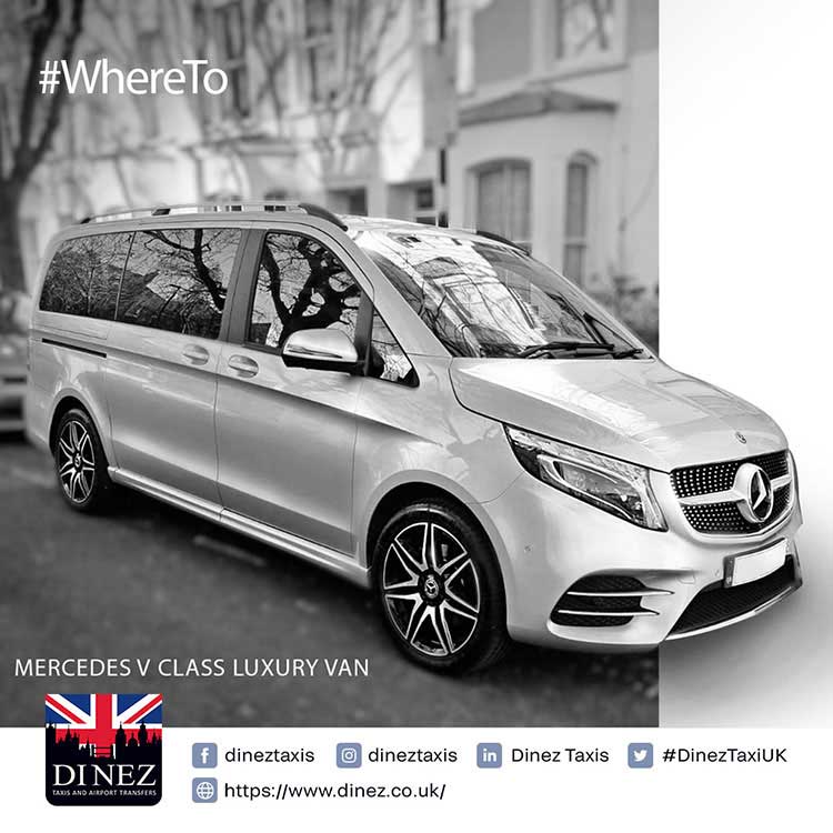 A silver Mercedes V Class MPV luxury van awaiting for passengers in Heathrow Airport. CALL ☎️020 3633 4613☎️.  Dinez Taxis and Airport Transfers 