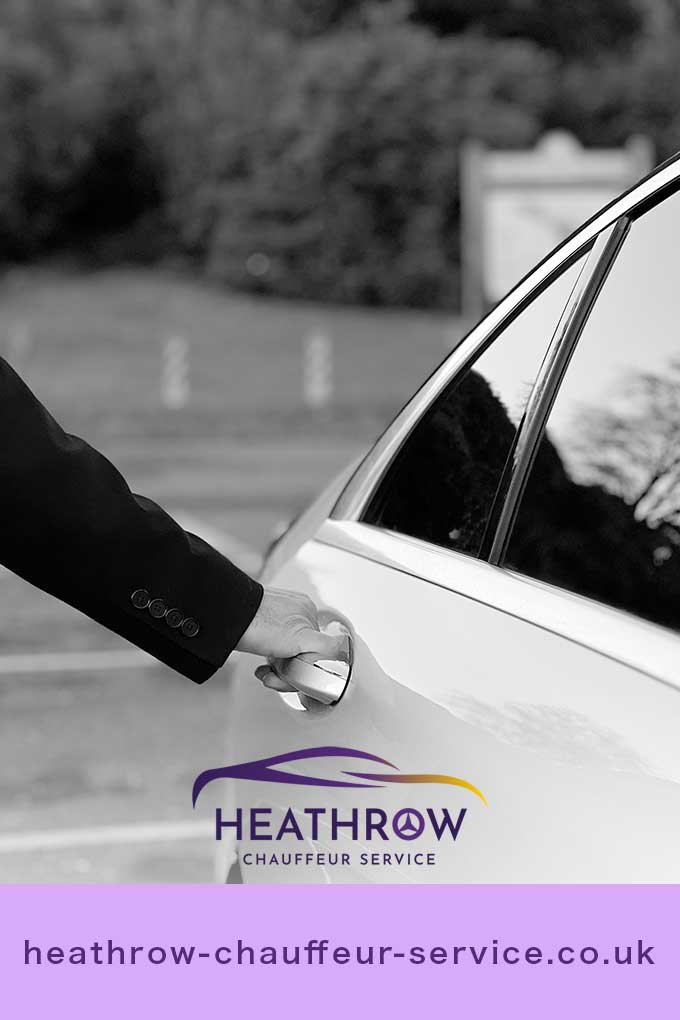 Chauffeur in Heathrow Airport opening the door of a Mercedes S Class vehicle.  Contact us at ☎️020 3633 4613 for private taxi all over London.