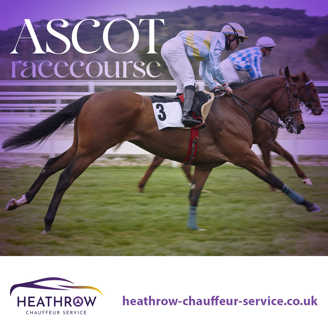 Jockeys and horses rushing in winning The Royal Ascot Racecourse game, Heathrow Chauffeur Service will bring you there