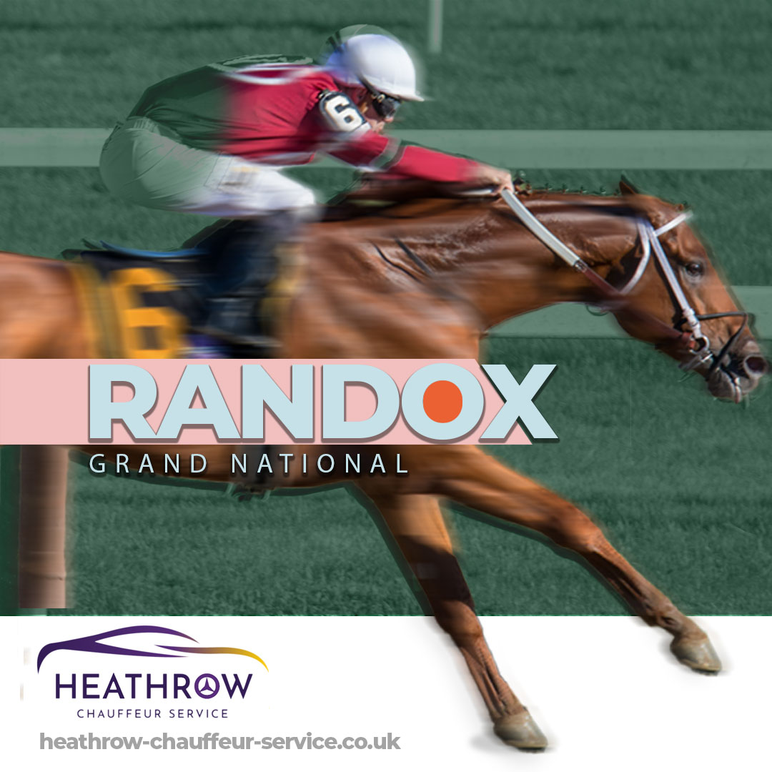 Horse running with jockey at Random Grand National Horse Racing in Aintree, Heathrow Chauffeur Service 