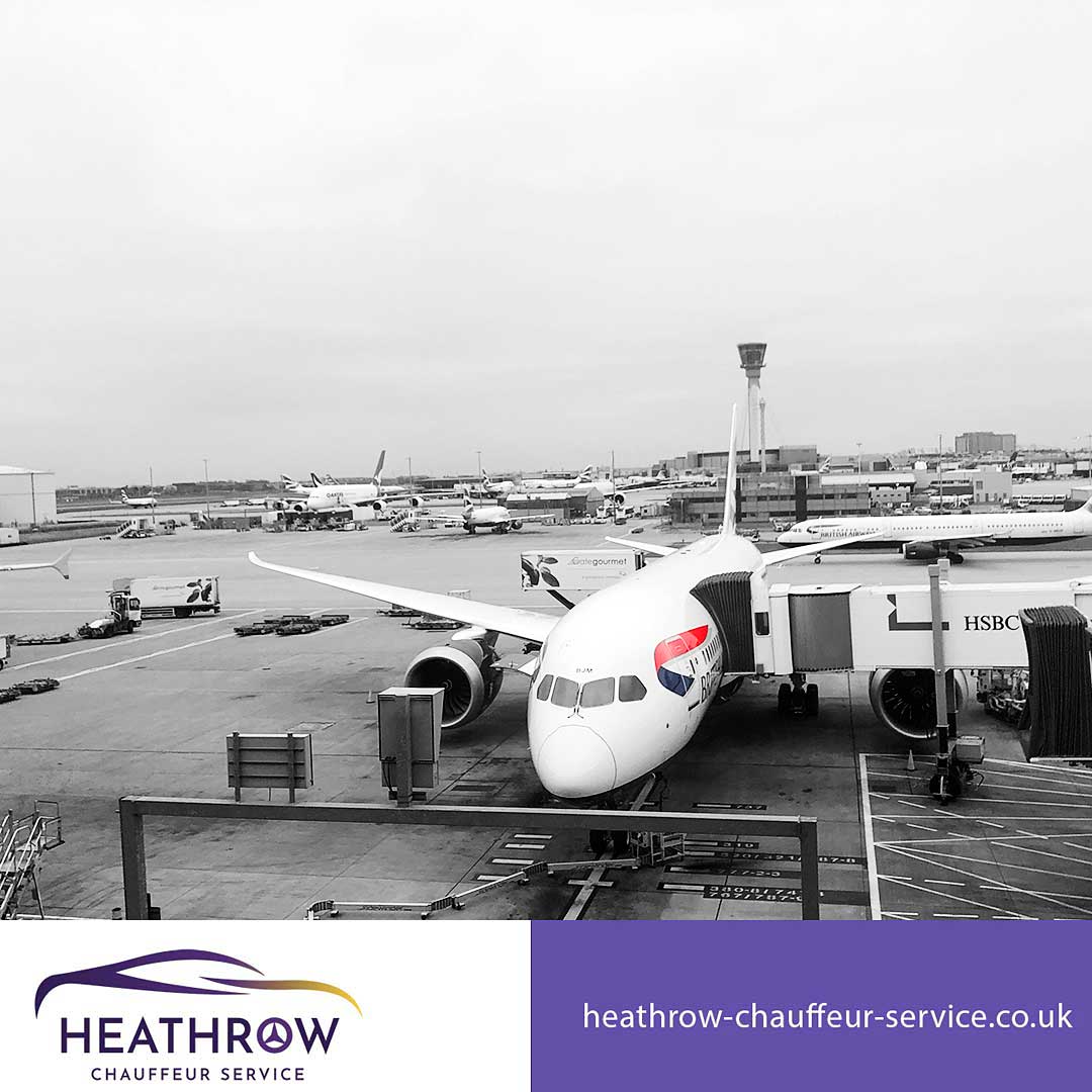 A British Airways plane landed at Heathrow Airport, Chauffeur overlooking, awaiting for the transfer to Oxford, England. Call ☎️020 3633 4613☎️, hire our luxury private taxis.