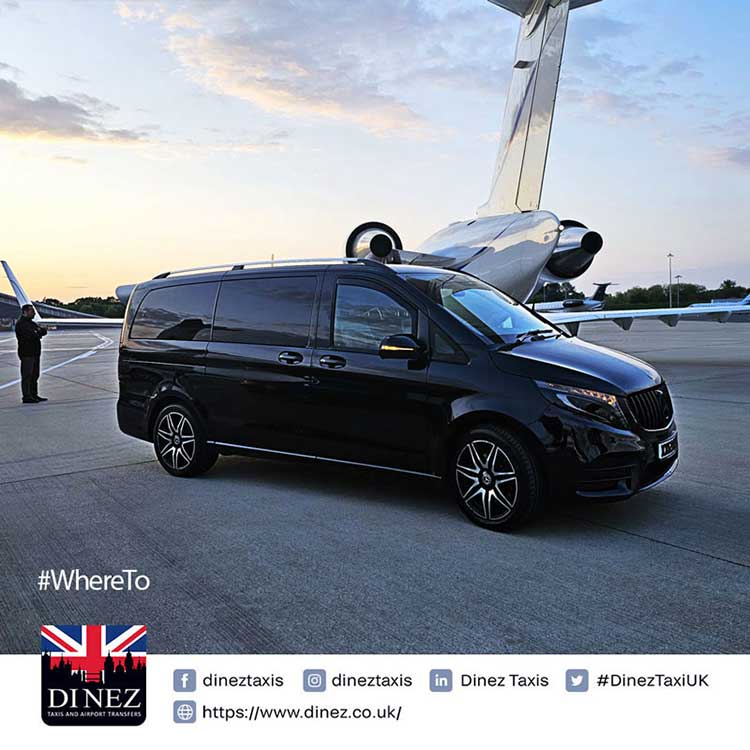 Luxury 7 seater Mercedes V Class MPV van parked at Farnborough Airport with a private jet at the back drop.  The Chauffeur was waiting for the passengers heading to London. CALL ☎️020 3633 4613☎️ for a chauffeur service.  Dinez Taxis and Airport Transfers logo.  #WhereTo?